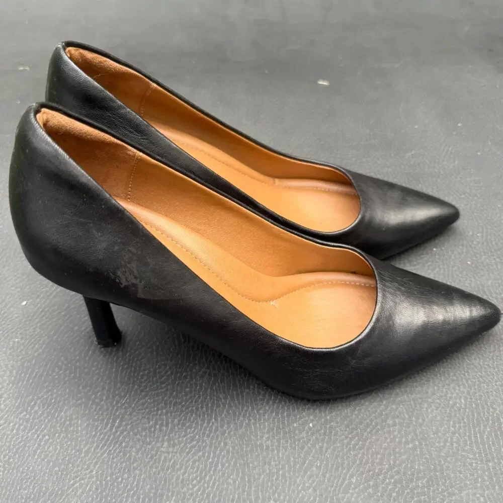 Nordstrom Rack Pumps Women 7.5 Black Pointed Toe Kitten Heel Leather Office Chic